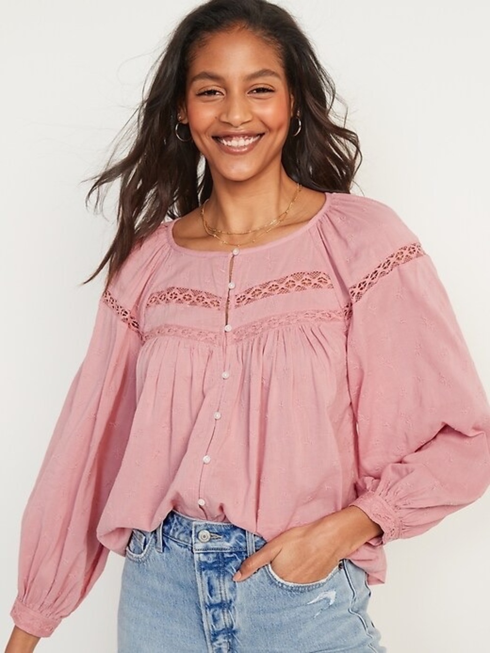 Old Navy Rose Pink Long Leeve Embroidered Lace Trim Blouse Size Large